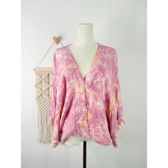 Young Fabulous & Broke Tia Tie Dye Kimono Crop Top Size Large Pink Peach - Picture 1 of 9